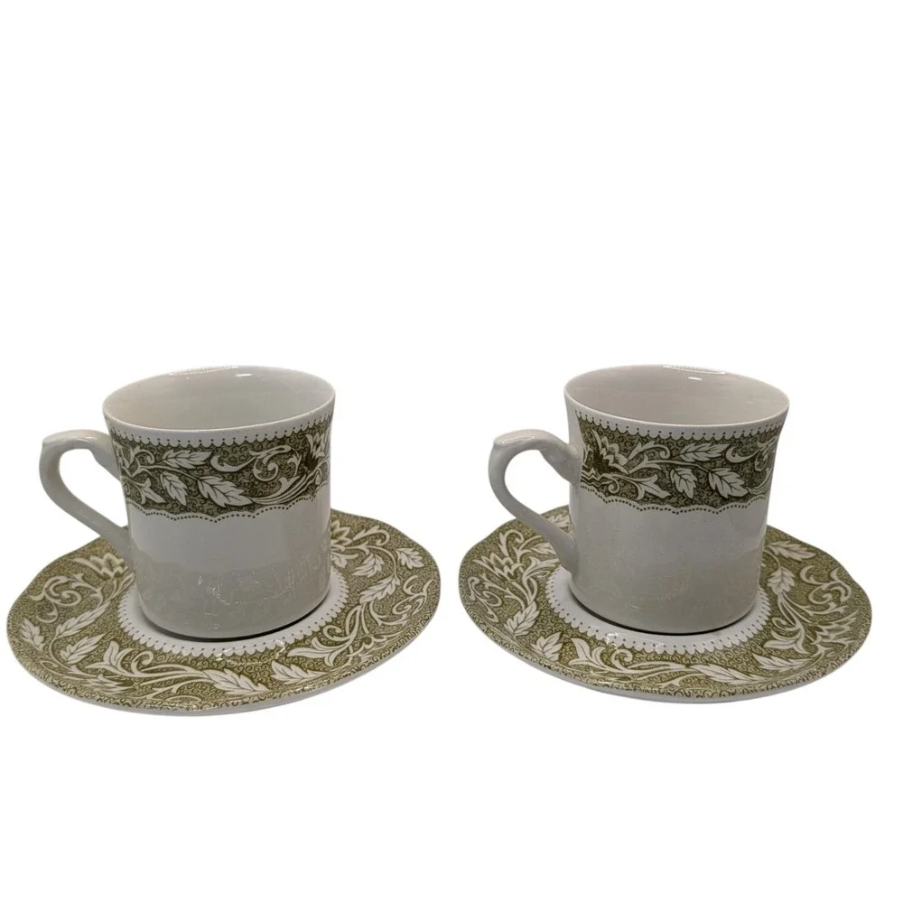 J G Meakin Teacups Saucers  Renaissance Green English Ironstone Set of Two SEE